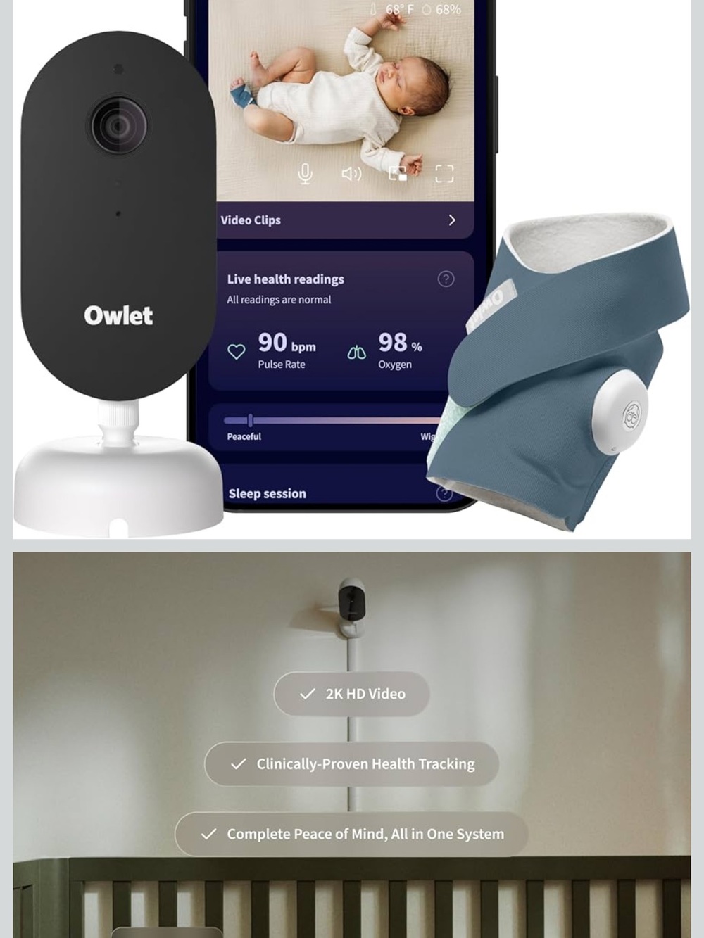 Owlet Smart Baby Monitor & Slate Blue Smart Sock - Real-Time Health Tracking